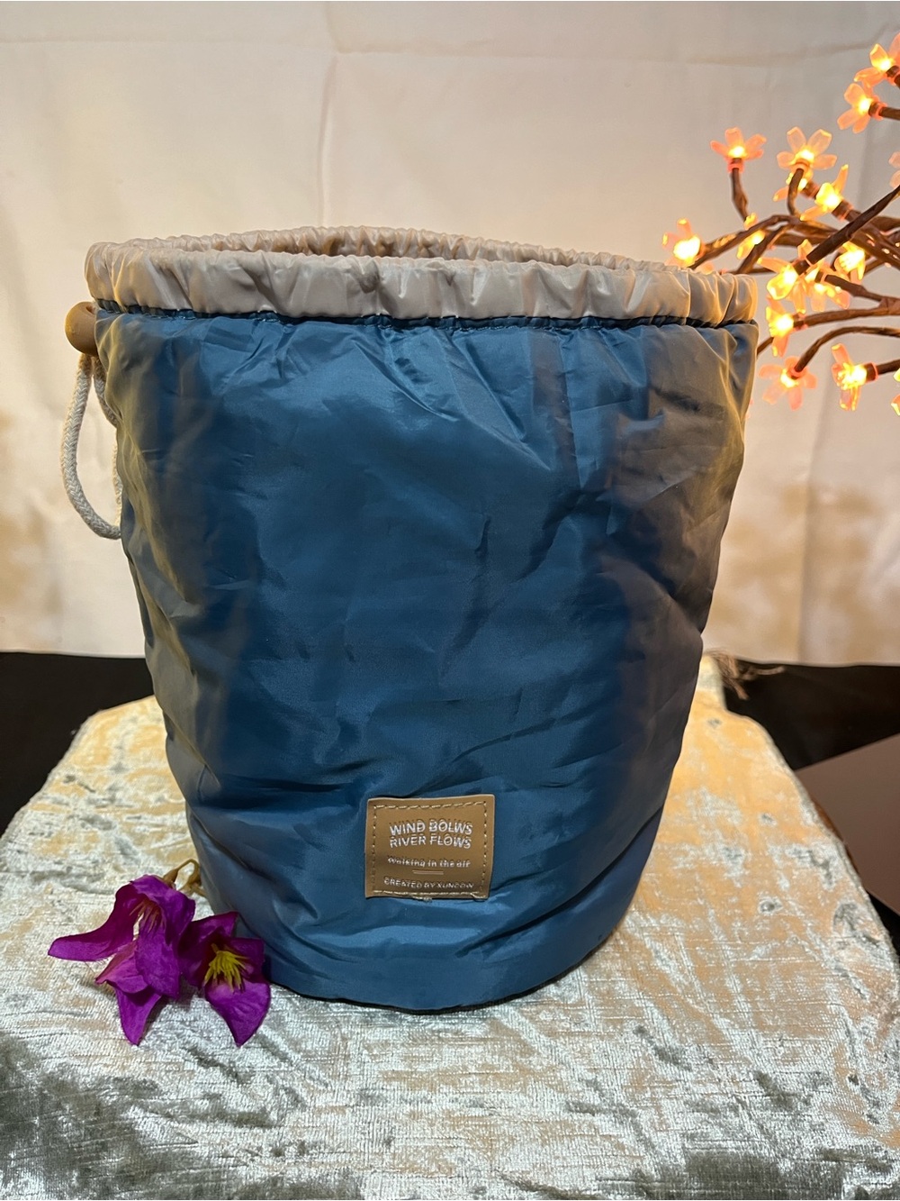 “ Wind Blow River Flows” Blue Drawstring Storage Basket -